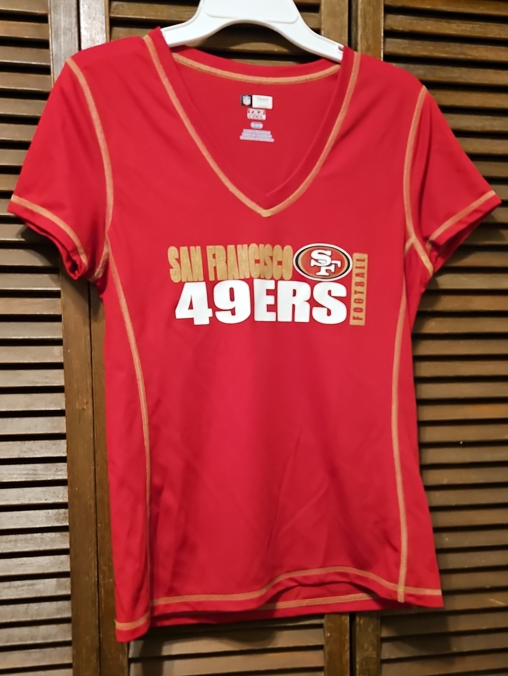 NFL Women's Red San Francisco 49ers V-Neck Tee with Gold Trim